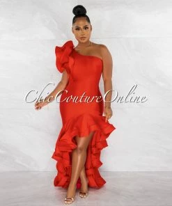 Chic Couture Online Madeline Red Ruffle Statement Hi-Lo Maxi Dress