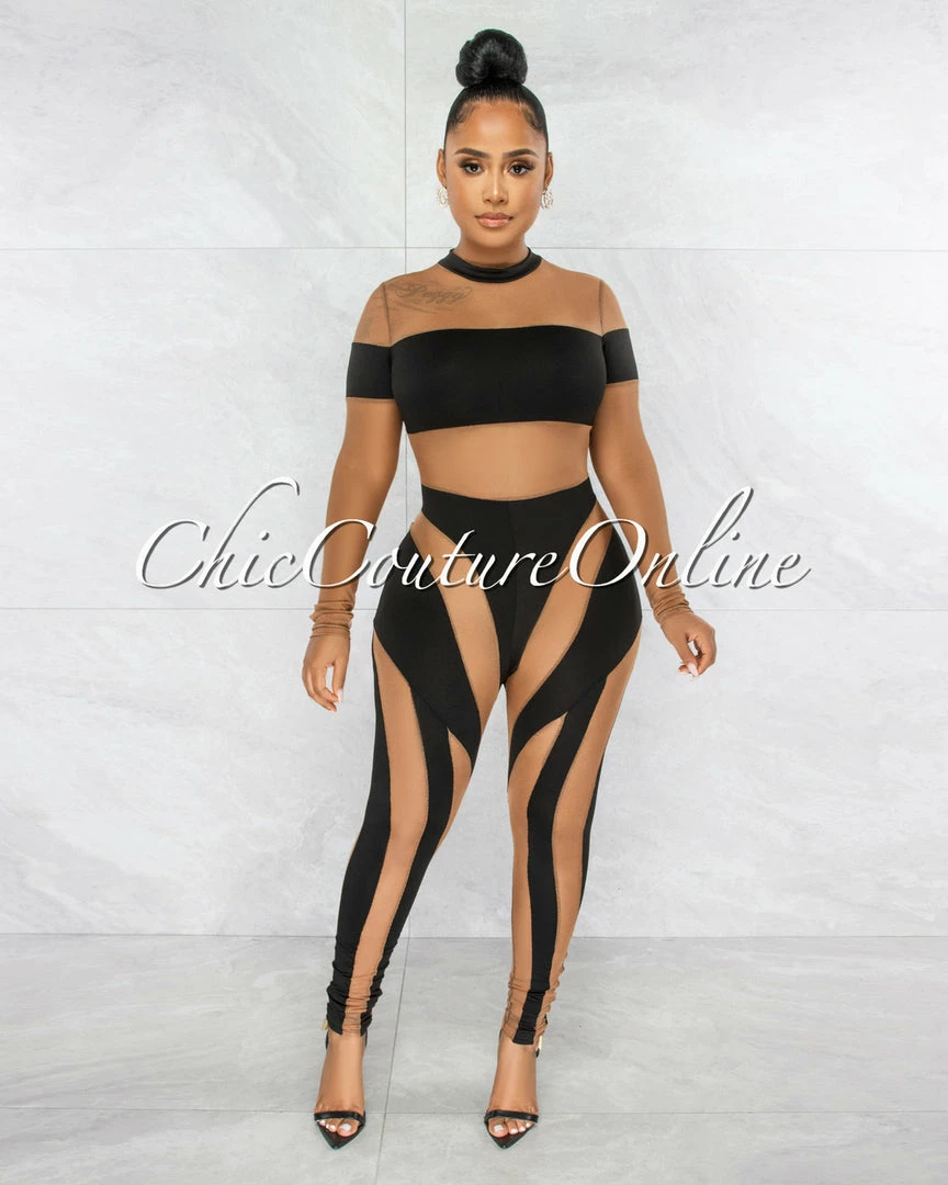 Vendor-unknown Donald Black Mocha Sheer Mesh Jumpsuit