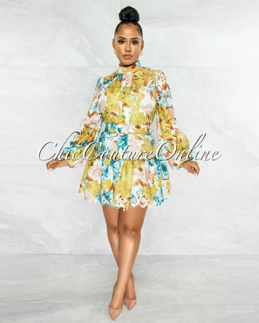 Vendor-unknown Nadiha Olive Salmon Floral Crochet Belted Skater Dress