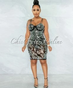 Vendor-unknown Lessa Black Iridescent Rhinestones Mesh Bodysuit Dress