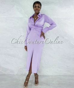 Vendor-unknown Josefa Lavender Draped Front Tie Shirt Maxi Satin Dress JUST IN