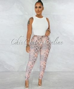 Vendor-unknown JUST IN Fateh White Brown Snake Print Skinny Jeans