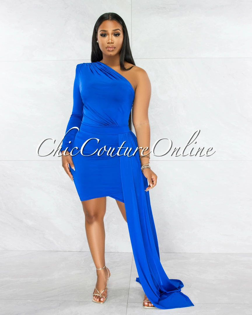 Vendor-unknown Cameo Royal Blue Single Sleeve Long Strap Accent Dress