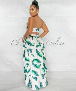 Chic Couture Online JUST IN Adrienne White Nude Stripes Leaf Print Cut-Out Ruffle Dress
