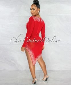 Vendor-unknown JUST IN Damaris Red Rhinestones Mesh Cut Out Dress