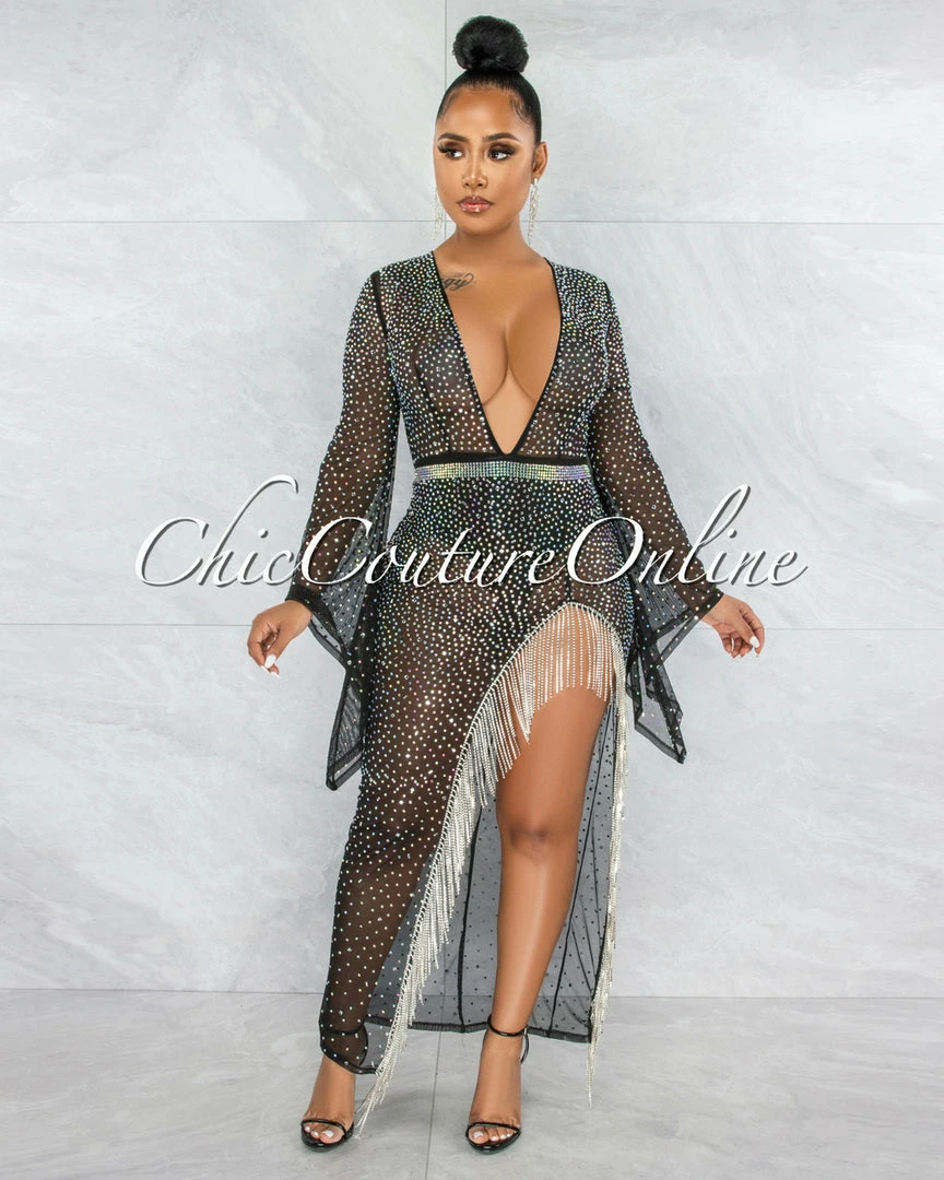 Vendor-unknown Kyle Black Sheer Rhinestones Fringe Slit Bodysuit Dress JUST IN