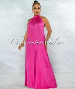 Vendor-unknown Memphis Fuchsia Low Back Satin Halter Jumpsuit