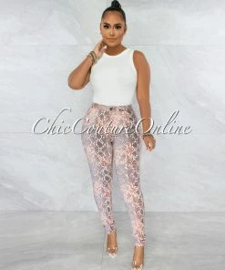 Vendor-unknown JUST IN Fateh White Brown Snake Print Skinny Jeans
