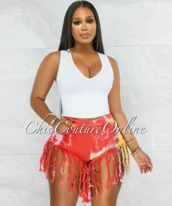 Vendor-unknown JUST IN Dolly Red Tie-Dye Distressed Fringe Denim Shorts