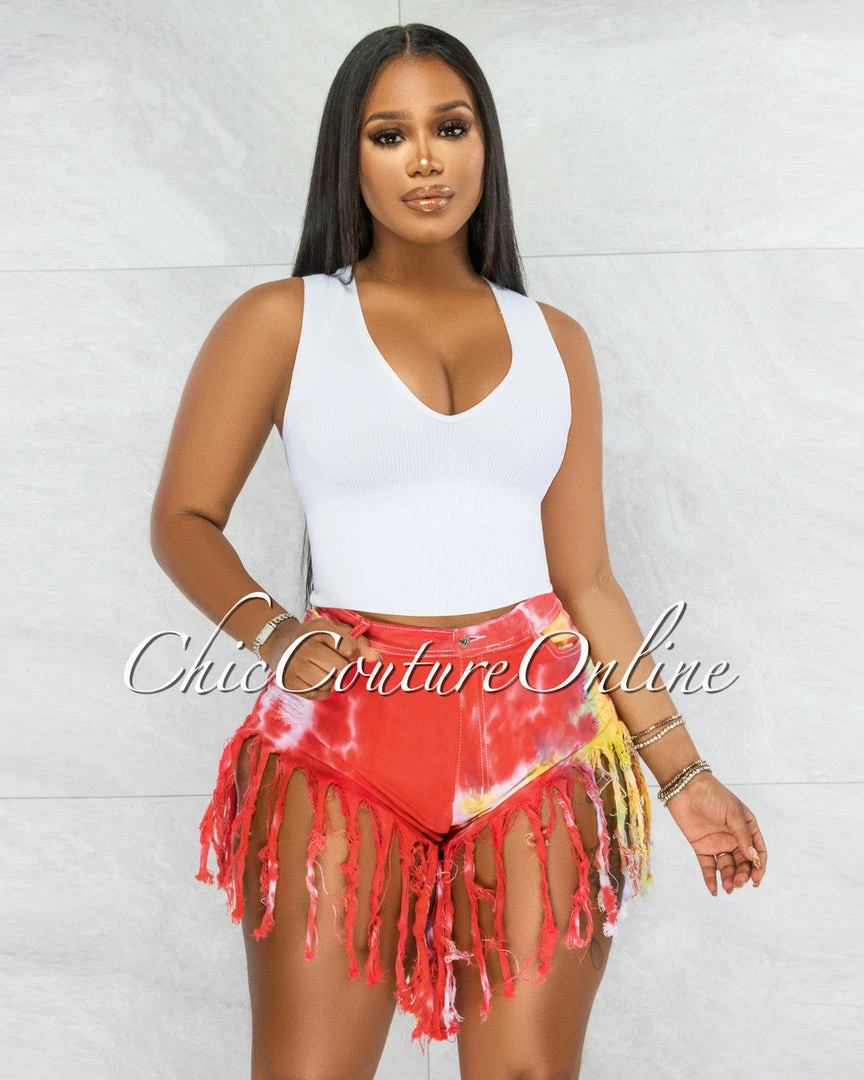 Vendor-unknown JUST IN Dolly Red Tie-Dye Distressed Fringe Denim Shorts