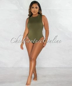 Chic Couture Online Granier Olive Green Bodysuit & Fringe Shorts Set JUST IN