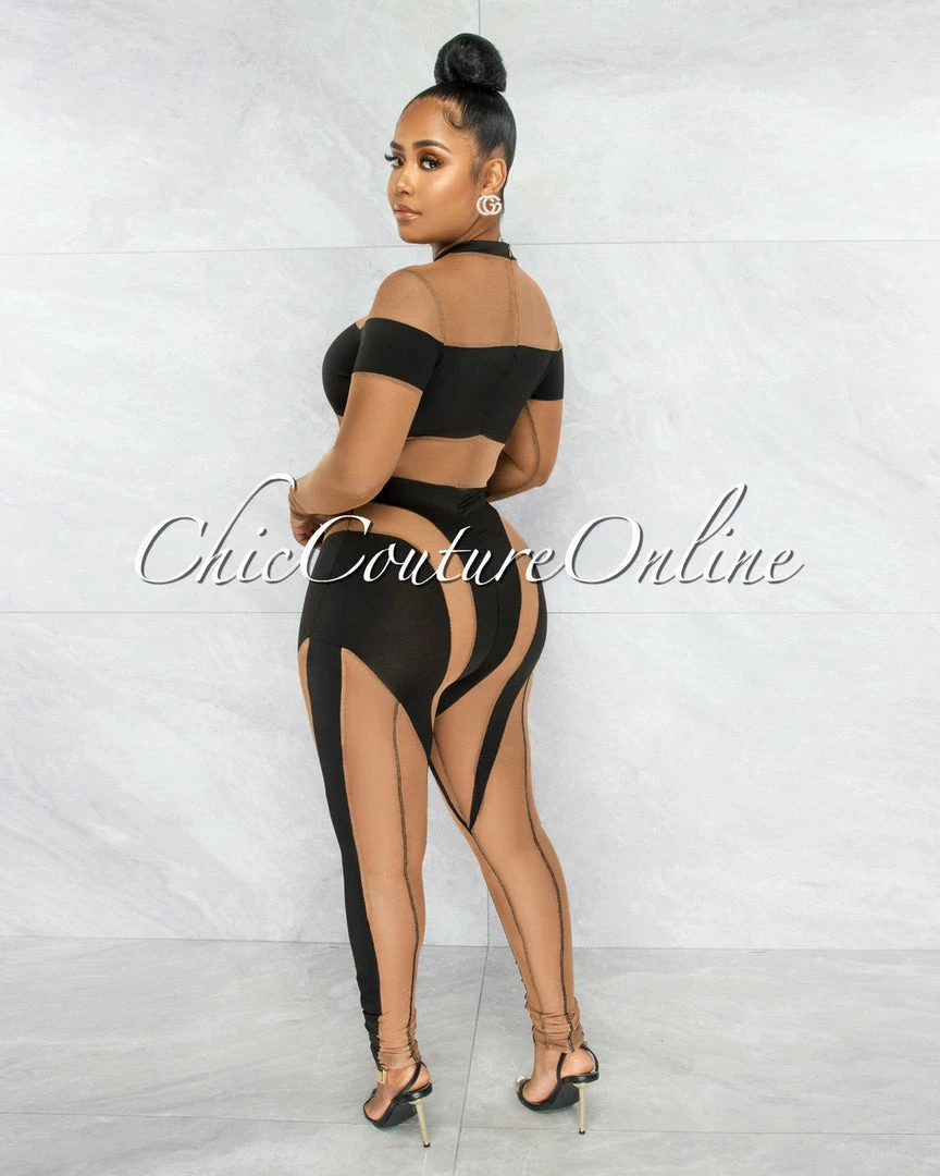 Vendor-unknown Donald Black Mocha Sheer Mesh Jumpsuit