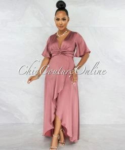 Vendor-unknown Jesimiel Mauve Drape Dramatic High-Low Slit Dress
