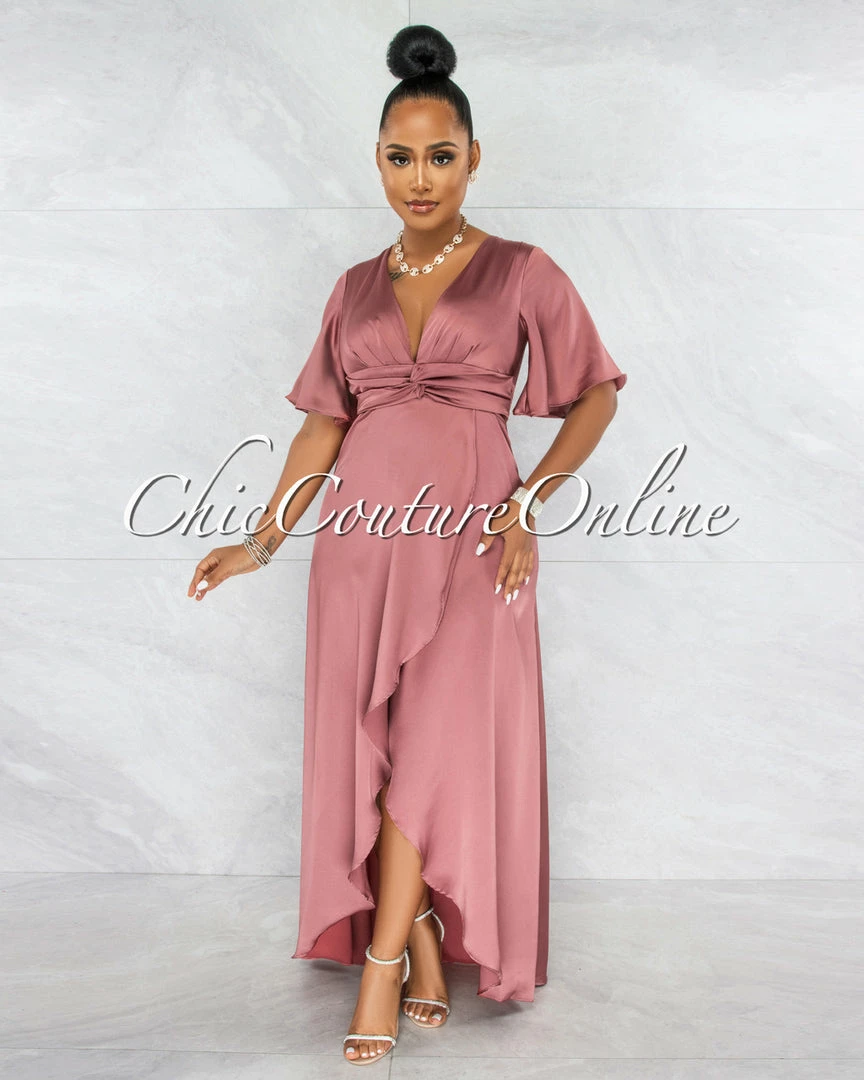Vendor-unknown Jesimiel Mauve Drape Dramatic High-Low Slit Dress