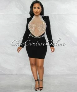 Vendor-unknown JUST IN Yecenia Black Nude Mesh Rhinestones & Pearls Mini Dress