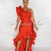 Chic Couture Online Madeline Red Ruffle Statement Hi-Lo Maxi Dress