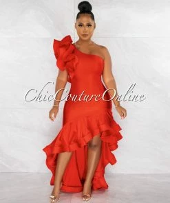 Chic Couture Online Madeline Red Ruffle Statement Hi-Lo Maxi Dress