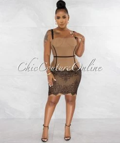 Chic Couture Online JUST IN Earvin Mocha Black Trim Lace Hem Bandage Dress