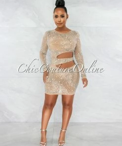 Vendor-unknown JUST IN Lenore Nude Iridescent Rhinestone Pearl Accent Cut-Out Dress