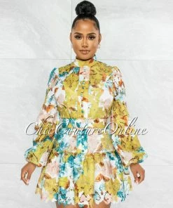 Vendor-unknown Nadiha Olive Salmon Floral Crochet Belted Skater Dress