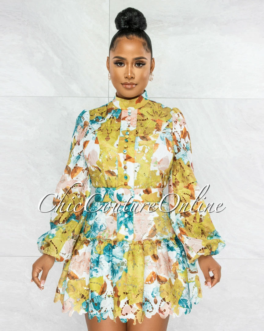 Vendor-unknown Nadiha Olive Salmon Floral Crochet Belted Skater Dress