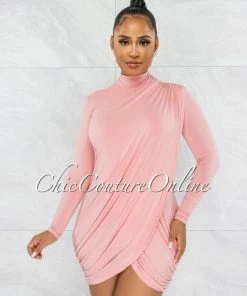 Vendor-unknown Tamira Blush Drape Long Sleeves Dress
