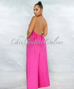 Vendor-unknown Memphis Fuchsia Low Back Satin Halter Jumpsuit