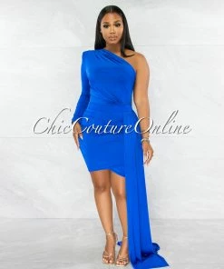 Vendor-unknown Cameo Royal Blue Single Sleeve Long Strap Accent Dress