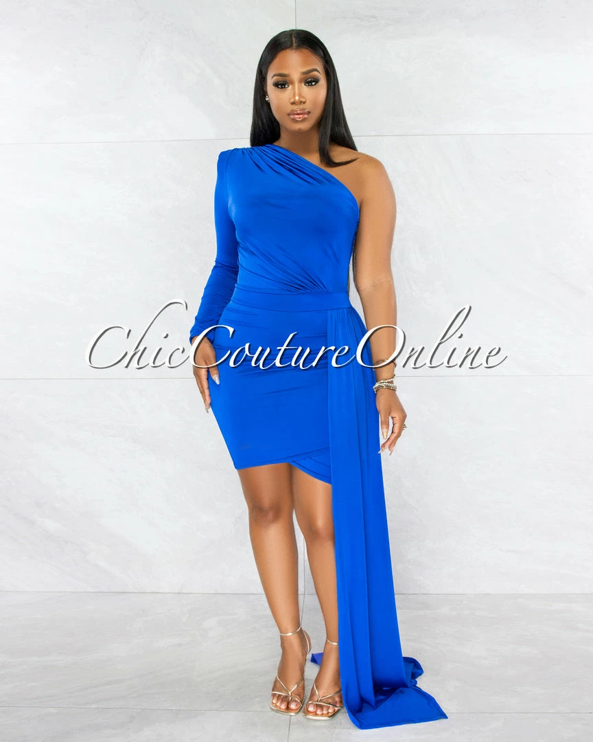 Vendor-unknown Cameo Royal Blue Single Sleeve Long Strap Accent Dress