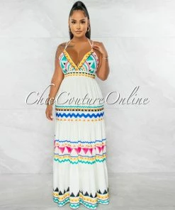 Chic Couture Online Maui Ivory Multi-Color Print Halter Maxi Dress