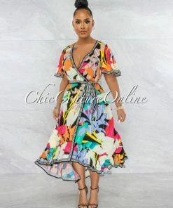 Vendor-unknown JUST IN Calendula Black Multi-Color Hi-Lo Ruffle Dress