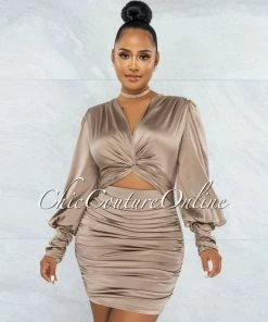 Vendor-unknown JUST IN Salvadora Mocha Satin Cut-Out Ruched Dress