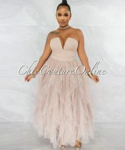 Vendor-unknown Odalys Nude Strapless Tulle Ruffle Bodysuit Dress