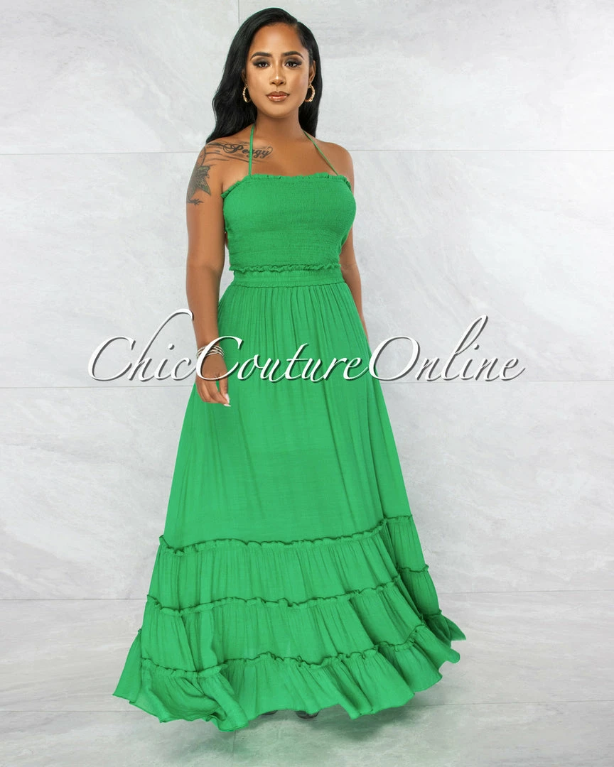 Vendor-unknown Neziah Green Smocked Top Strappy Back Maxi Dress JUST IN