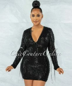 Vendor-unknown Glory Black Sequin Pearls Chain Sleeves Fringe Mini Dress JUST IN
