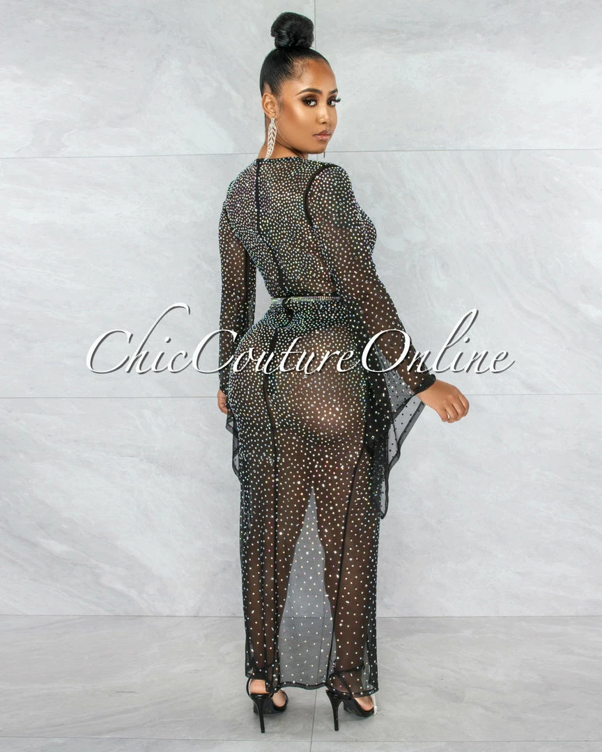 Vendor-unknown Kyle Black Sheer Rhinestones Fringe Slit Bodysuit Dress JUST IN