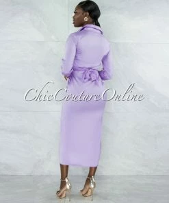 Vendor-unknown Josefa Lavender Draped Front Tie Shirt Maxi Satin Dress JUST IN