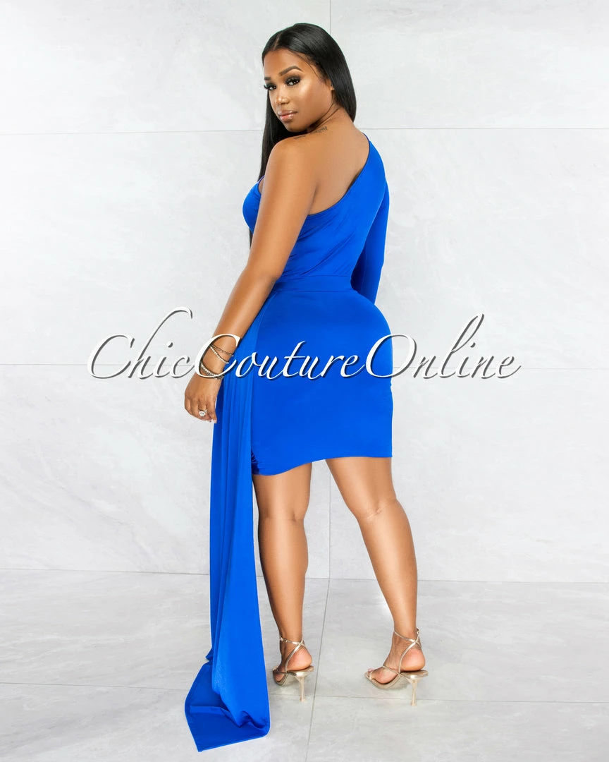 Vendor-unknown Cameo Royal Blue Single Sleeve Long Strap Accent Dress