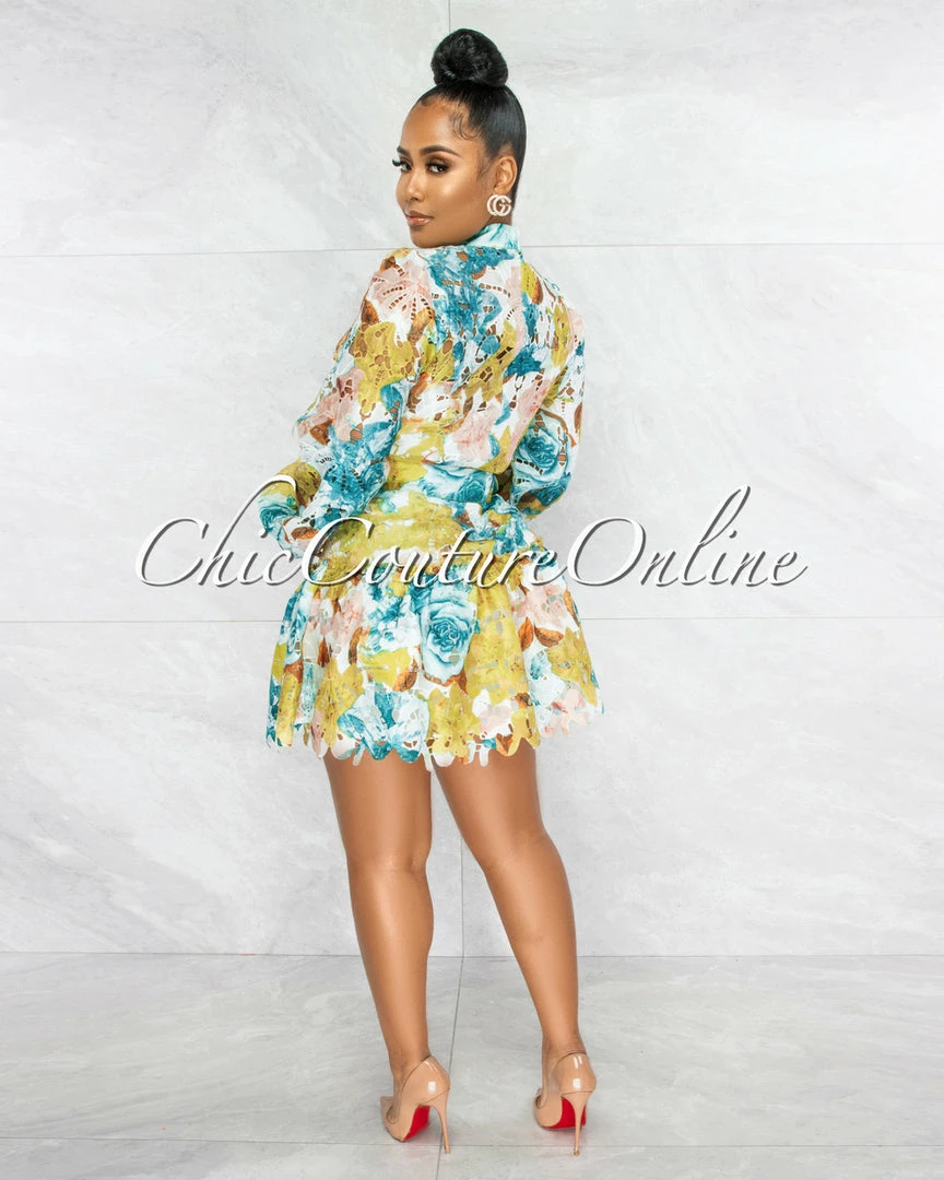 Vendor-unknown Nadiha Olive Salmon Floral Crochet Belted Skater Dress