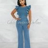 Vendor-unknown Porter Medium Blue Denim Ruffle Sleeves Jumpsuit