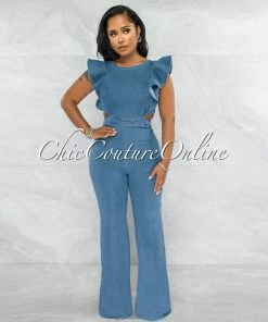 Vendor-unknown Porter Medium Blue Denim Ruffle Sleeves Jumpsuit