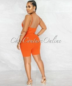 Vendor-unknown JUST IN Jerram Orange Ribbed Front Zipper Romper