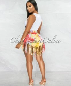 Vendor-unknown JUST IN Dolly Red Tie-Dye Distressed Fringe Denim Shorts