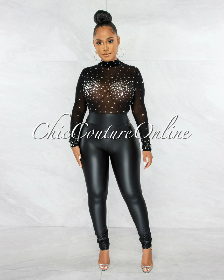 Chic Couture Online Moore Black Silver Mesh Rhinestones Bodysuit JUST IN