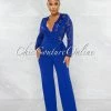 Chic Couture Online Neveh Royal Blue Crochet Lace Sheer Top Gold Accent Jumpsuit