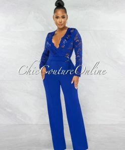 Chic Couture Online Neveh Royal Blue Crochet Lace Sheer Top Gold Accent Jumpsuit