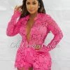 Chic Couture Online JUST IN Carencia Fuchsia Crochet Sheer Suit Shorts Set