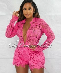 Chic Couture Online JUST IN Carencia Fuchsia Crochet Sheer Suit Shorts Set