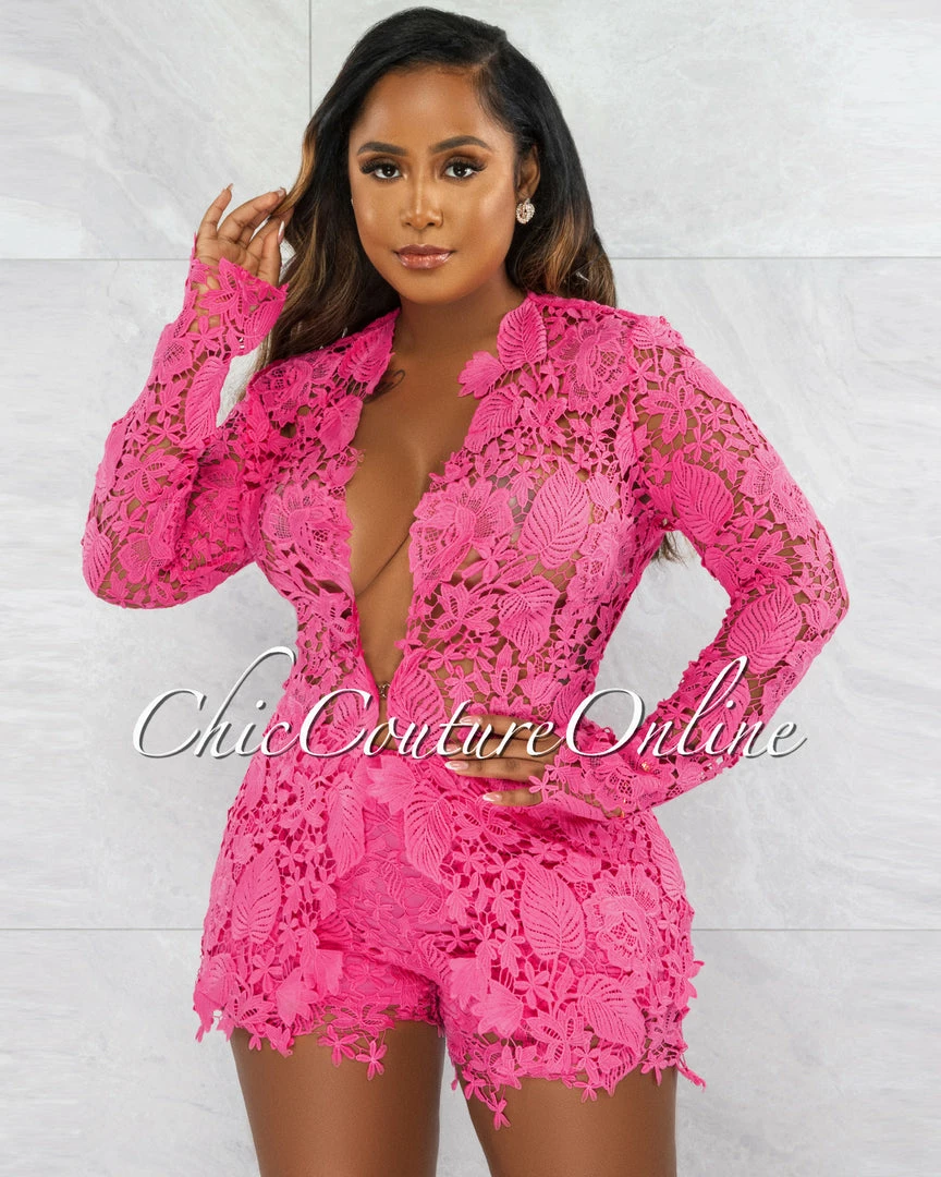 Chic Couture Online JUST IN Carencia Fuchsia Crochet Sheer Suit Shorts Set