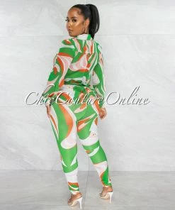 Chic Couture Online Fayana Green Retro Print Semi-Sheer Blouse & Leggings Set